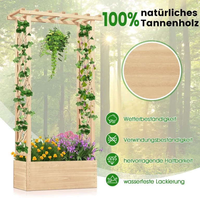 COSTWAY Blumenkasten mit Rankgitter & hängendem Dach, Pflanzkasten mit Rankhilfe, Hochbeet für Kletterpflanzen & hängende Körbe, für Garten Hof Terrasse, Pflanzkübel Holz, Natur, 66x32x152cm – Bild 4
