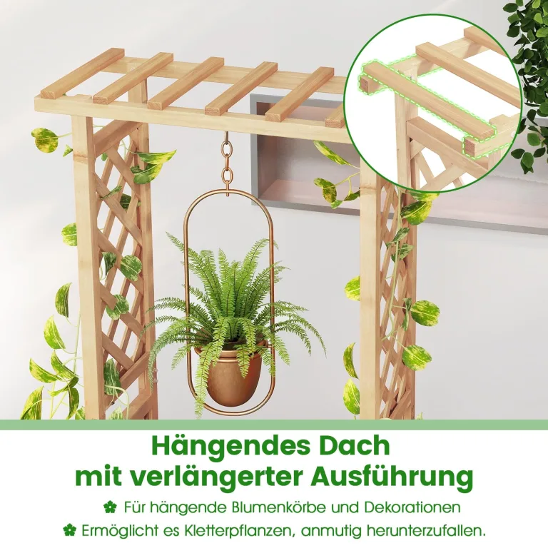 COSTWAY Blumenkasten mit Rankgitter & hängendem Dach, Pflanzkasten mit Rankhilfe, Hochbeet für Kletterpflanzen & hängende Körbe, für Garten Hof Terrasse, Pflanzkübel Holz, Natur, 66x32x152cm – Bild 5