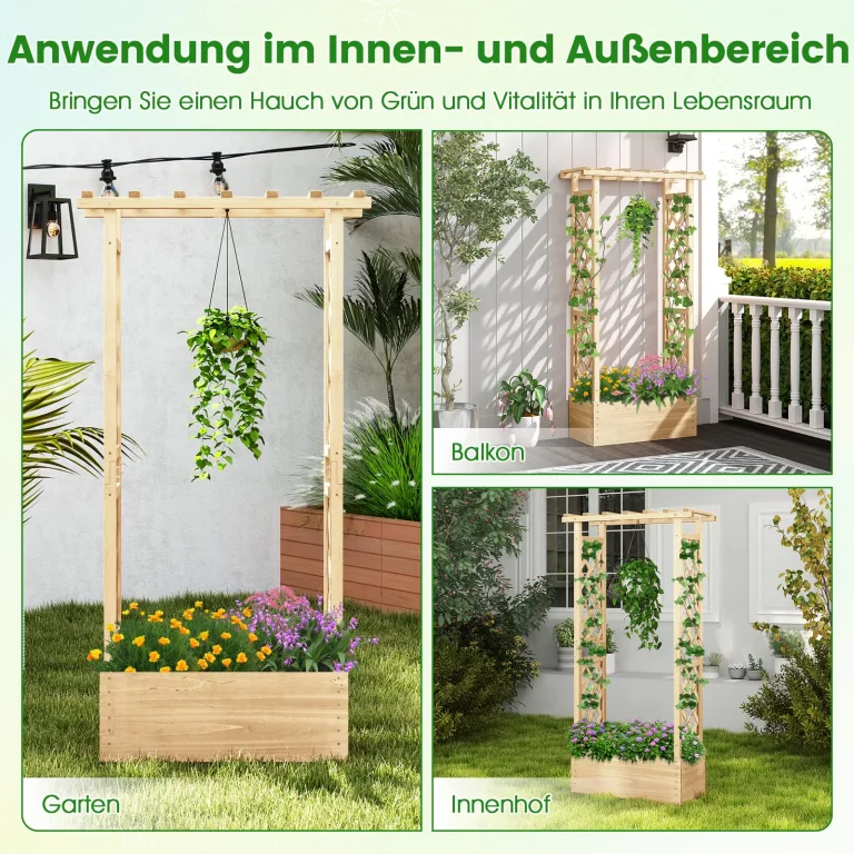 COSTWAY Blumenkasten mit Rankgitter & hängendem Dach, Pflanzkasten mit Rankhilfe, Hochbeet für Kletterpflanzen & hängende Körbe, für Garten Hof Terrasse, Pflanzkübel Holz, Natur, 66x32x152cm – Bild 8