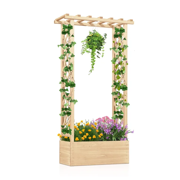 COSTWAY Blumenkasten mit Rankgitter & hängendem Dach, Pflanzkasten mit Rankhilfe, Hochbeet für Kletterpflanzen & hängende Körbe, für Garten Hof Terrasse, Pflanzkübel Holz, Natur, 66x32x152cm – Bild 1