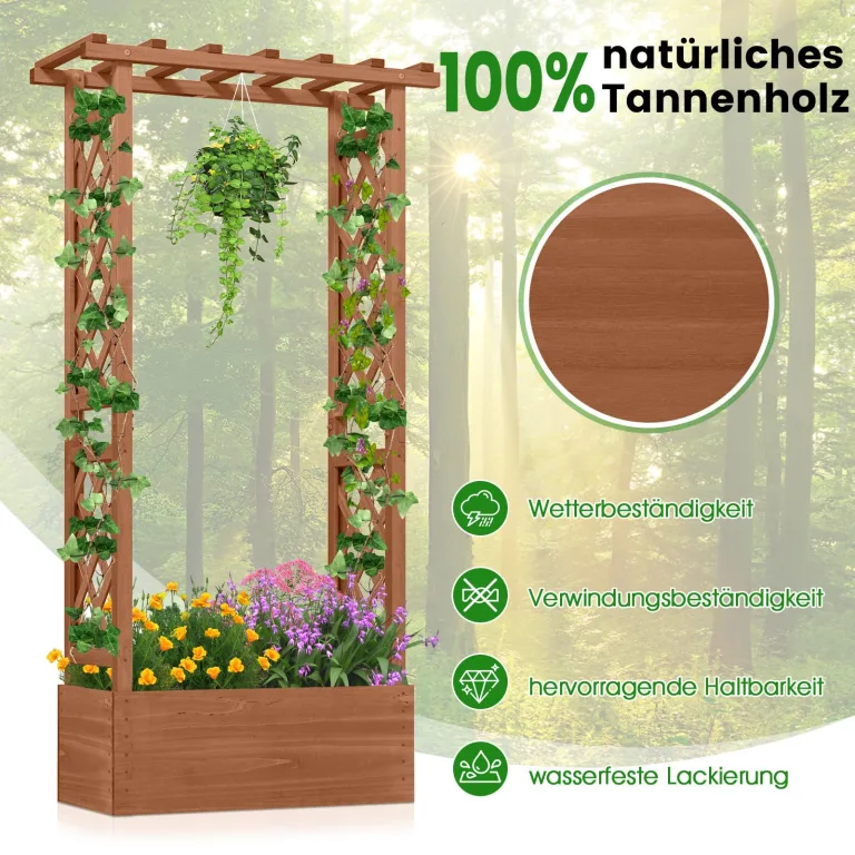 COSTWAY Blumenkasten mit Rankgitter & hängendem Dach, Pflanzkasten mit Rankhilfe, Hochbeet für Kletterpflanzen & hängende Körbe, für Garten Hof Terrasse, Pflanzkübel Holz, Braun, 66x32x152cm – Bild 4