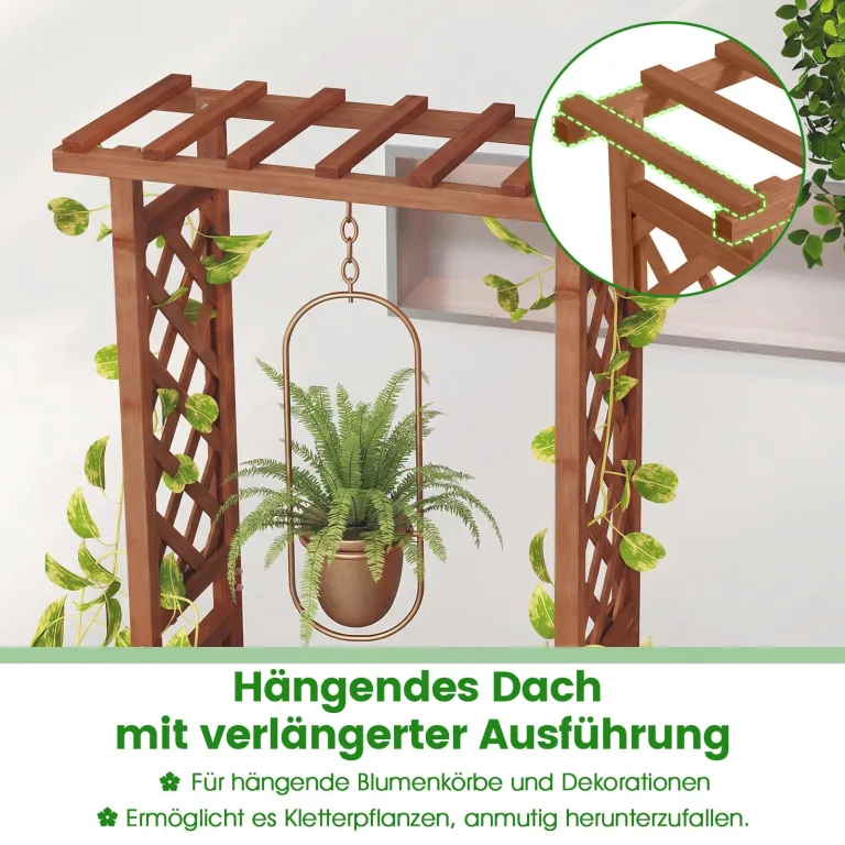 COSTWAY Blumenkasten mit Rankgitter & hängendem Dach, Pflanzkasten mit Rankhilfe, Hochbeet für Kletterpflanzen & hängende Körbe, für Garten Hof Terrasse, Pflanzkübel Holz, Braun, 66x32x152cm – Bild 5