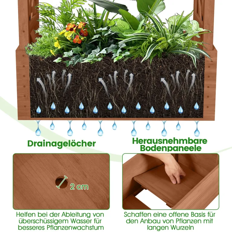 COSTWAY Blumenkasten mit Rankgitter & hängendem Dach, Pflanzkasten mit Rankhilfe, Hochbeet für Kletterpflanzen & hängende Körbe, für Garten Hof Terrasse, Pflanzkübel Holz, Braun, 66x32x152cm – Bild 6