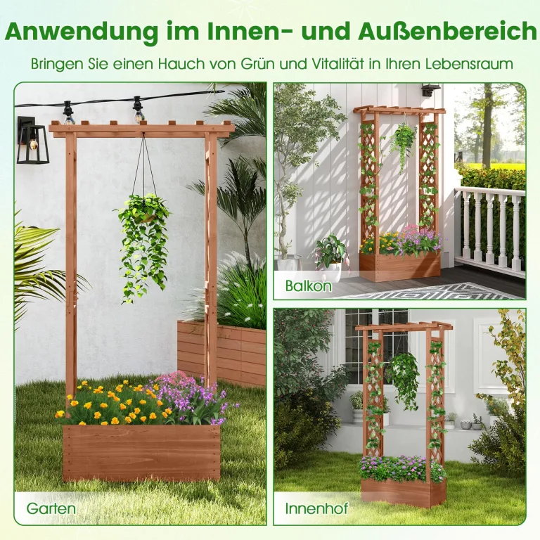COSTWAY Blumenkasten mit Rankgitter & hängendem Dach, Pflanzkasten mit Rankhilfe, Hochbeet für Kletterpflanzen & hängende Körbe, für Garten Hof Terrasse, Pflanzkübel Holz, Braun, 66x32x152cm – Bild 8