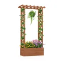 COSTWAY Blumenkasten mit Rankgitter & hängendem Dach, Pflanzkasten mit Rankhilfe, Hochbeet für Kletterpflanzen & hängende Körbe, für Garten Hof Terrasse, Pflanzkübel Holz, Braun, 66x32x152cm - Thumbnail 1