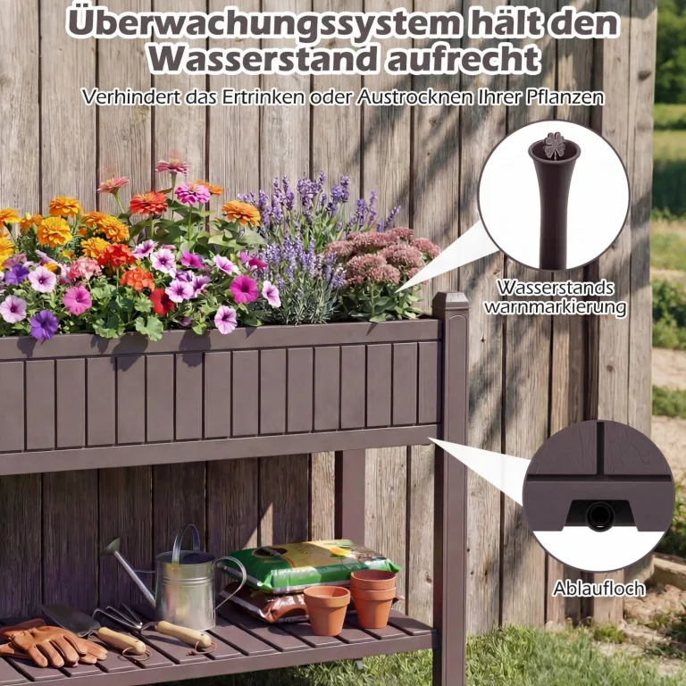 COSTWAY Hochbeet mit Rollen, erhöhtes Gartenbeet mit Ablage, Wasserstandsanzeiger & Ablauflöchern, Kräuterbeet Gemüsebeet, aus Kunststoff und Metall, Pflanztisch für Balkon Garten Terrasse, Braun – Bild 4