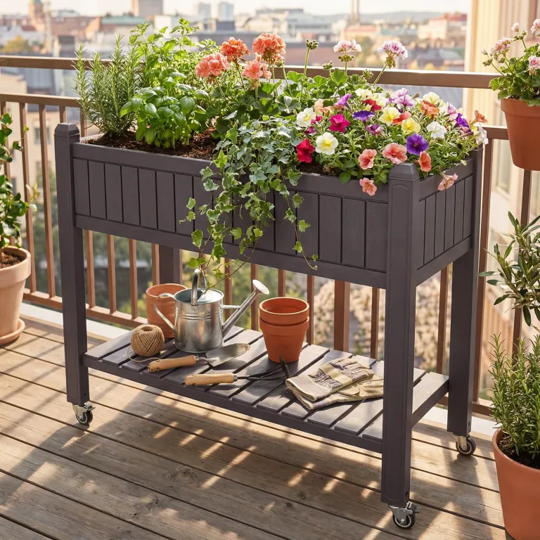 COSTWAY Hochbeet mit Rollen, erhöhtes Gartenbeet mit Ablage, Wasserstandsanzeiger & Ablauflöchern, Kräuterbeet Gemüsebeet, aus Kunststoff und Metall, Pflanztisch für Balkon Garten Terrasse, Braun – Bild 8