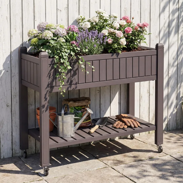 COSTWAY Hochbeet mit Rollen, erhöhtes Gartenbeet mit Ablage, Wasserstandsanzeiger & Ablauflöchern, Kräuterbeet Gemüsebeet, aus Kunststoff und Metall, Pflanztisch für Balkon Garten Terrasse, Braun – Bild 9