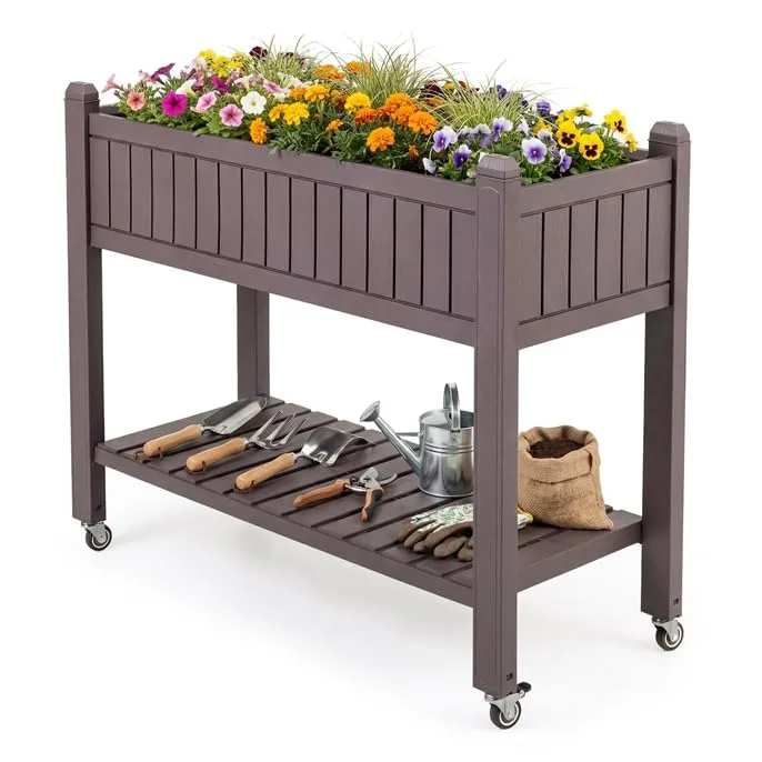 COSTWAY Hochbeet mit Rollen, erhöhtes Gartenbeet mit Ablage, Wasserstandsanzeiger & Ablauflöchern, Kräuterbeet Gemüsebeet, aus Kunststoff und Metall, Pflanztisch für Balkon Garten Terrasse, Braun – Bild 1