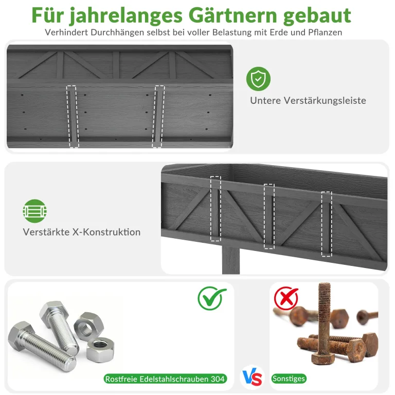 Hochbeet 183x44x73cm, Wetterfestes Pflanzkübel Außen mit Ablagefach, 6 Haken & 2 Vlieseinlagen, Für Gemüse Blumen Kräuter, Garten Balkon Terrasse, Grau – Bild 3