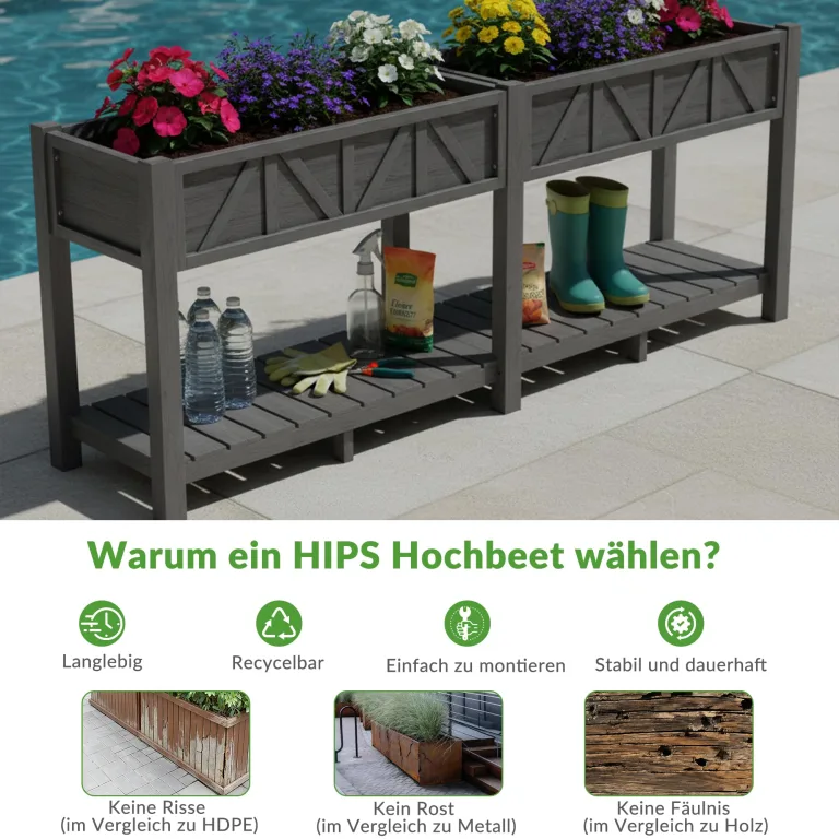 Hochbeet 183x44x73cm, Wetterfestes Pflanzkübel Außen mit Ablagefach, 6 Haken & 2 Vlieseinlagen, Für Gemüse Blumen Kräuter, Garten Balkon Terrasse, Grau – Bild 6