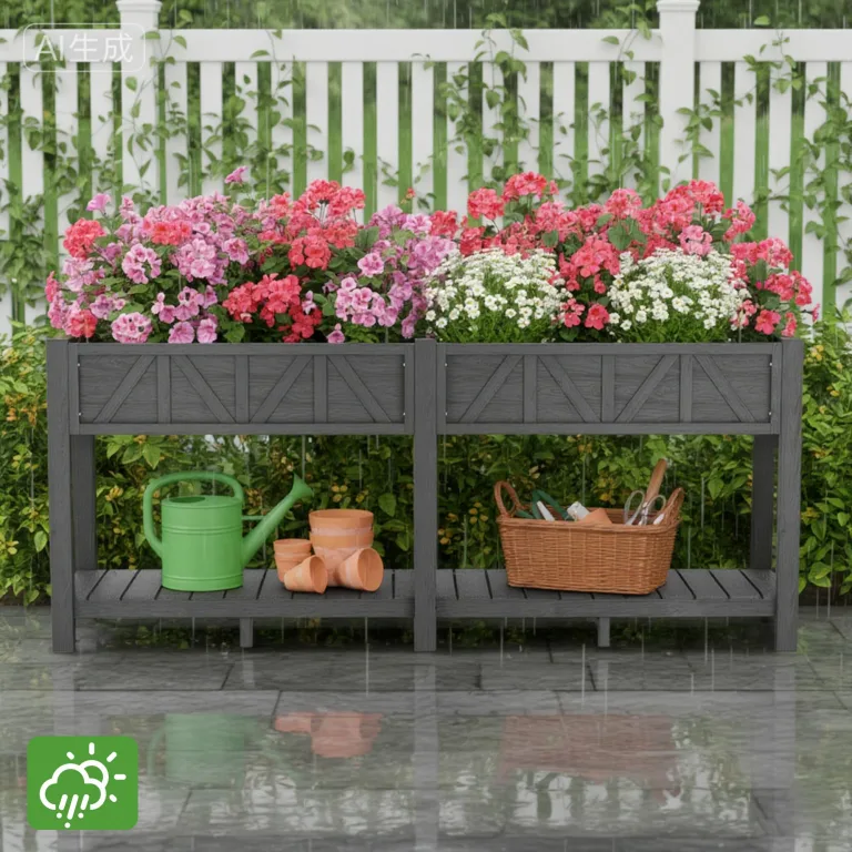 Hochbeet 183x44x73cm, Wetterfestes Pflanzkübel Außen mit Ablagefach, 6 Haken & 2 Vlieseinlagen, Für Gemüse Blumen Kräuter, Garten Balkon Terrasse, Grau – Bild 8