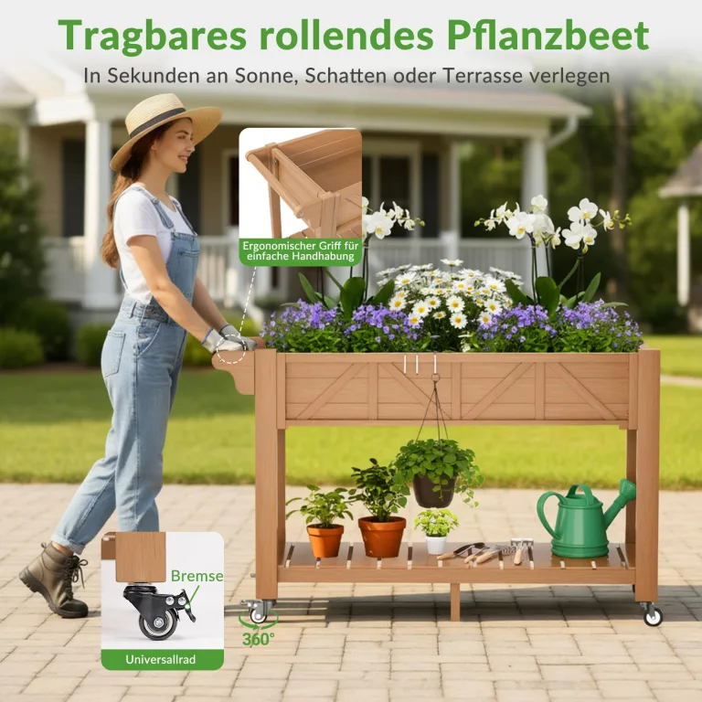 Hochbeet 120x44x70cm, Metall Hochbeet mit Rollen & Griff, 3 Haken & Vlieseinlage, Für Gemüse Blumen Kräuter, Garten Balkon Terrasse, Teak Optik – Bild 3
