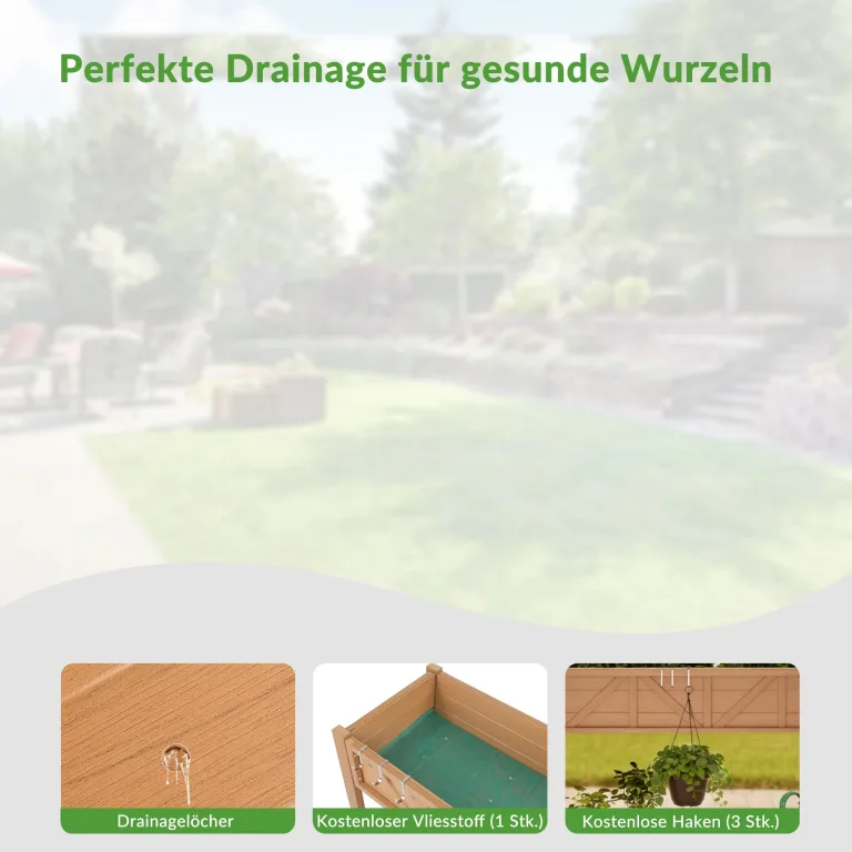 Hochbeet 120x44x70cm, Metall Hochbeet mit Rollen & Griff, 3 Haken & Vlieseinlage, Für Gemüse Blumen Kräuter, Garten Balkon Terrasse, Teak Optik – Bild 5