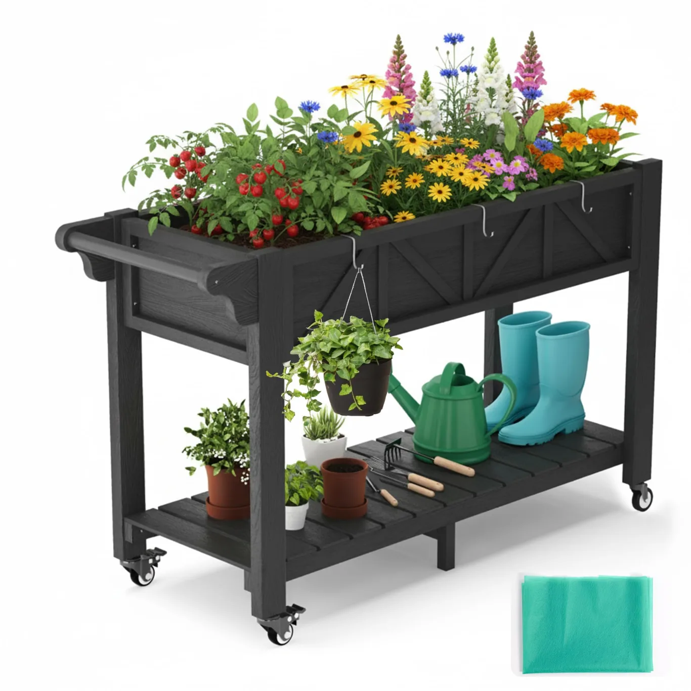 Hochbeet 120x44x70cm, Metall Hochbeet mit Rollen & Griff, 3 Haken & Vlieseinlage, Für Gemüse Blumen Kräuter, Garten Balkon Terrasse, Schwarz | 3 Haken und Vliesfutter, für den Außenbereich, für Gemüse, Blumen, Kräuter, Garten, Balkon, Terrasse - Bild 1