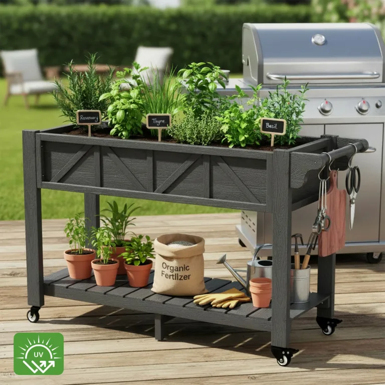 Hochbeet 120x44x70cm, Metall Hochbeet mit Rollen & Griff, 3 Haken & Vlieseinlage, Für Gemüse Blumen Kräuter, Garten Balkon Terrasse, Schwarz | 3 Haken und Vliesfutter, für den Außenbereich, für Gemüse, Blumen, Kräuter, Garten, Balkon, Terrasse – Bild 7