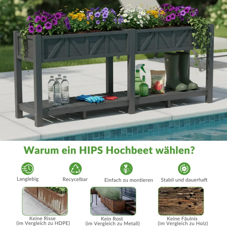 Hochbeet 183x44x73cm, Wetterfestes Pflanzkübel Außen mit Ablagefach, 6 Haken & 2 Vlieseinlagen, Für Gemüse Blumen Kräuter, Garten Balkon Terrasse, Schwarz – Bild 8