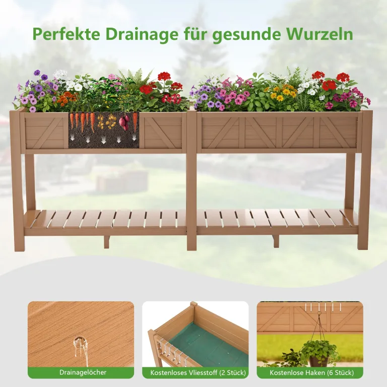 Hochbeet 183x44x73cm, Wetterfestes Pflanzkübel Außen mit Ablagefach, 6 Haken & 2 Vlieseinlagen, Für Gemüse Blumen Kräuter, Garten Balkon Terrasse, Teak Optik – Bild 4