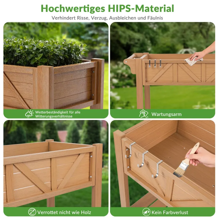Hochbeet 183x44x73cm, Wetterfestes Pflanzkübel Außen mit Ablagefach, 6 Haken & 2 Vlieseinlagen, Für Gemüse Blumen Kräuter, Garten Balkon Terrasse, Teak Optik – Bild 5