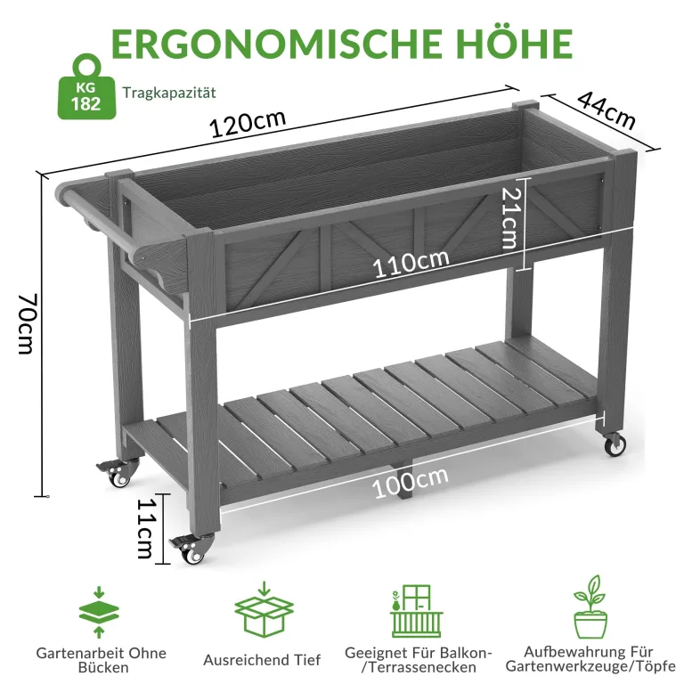 Hochbeet 120x44x70cm, Metall Hochbeet mit Rollen & Griff, 3 Haken & Vlieseinlage, Für Gemüse Blumen Kräuter, Garten Balkon Terrasse, Grau – Bild 2