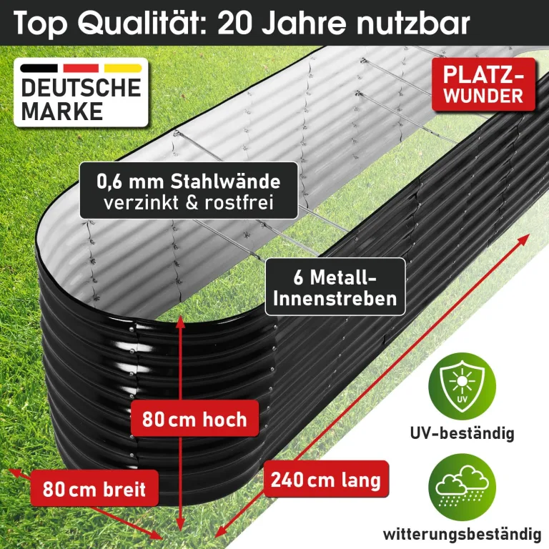 BRAST Hochbeet Metall Julia | 160x80x80-400x80x80cm | viele Modelle | extra viel Zubehör | Stahl rostfrei & verzinkt | wetterfest ovale Form | für Gemüse Obst Kräuter & Blumen | 240x80x80cm Schwarz – Bild 4