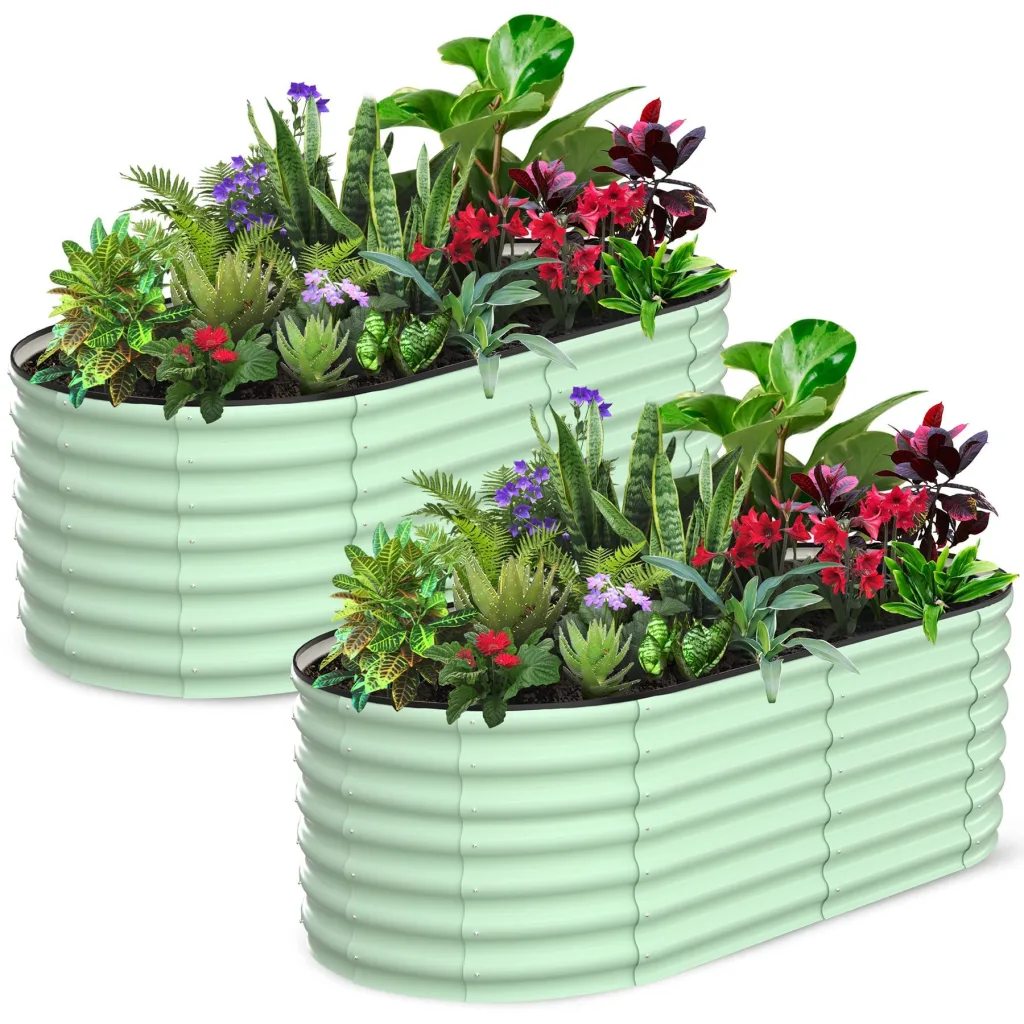 Hochbeet Metall 2er Set 180x90x60 cm, Oval Gartenbeet Aus Verzinktem Stahlblech, Pflanzbeet Mit Offenem Boden, Wetterfest & Rostfrei, Gemüsebeet Für Blumen Kräuter Terrasse Balkon, Grün
