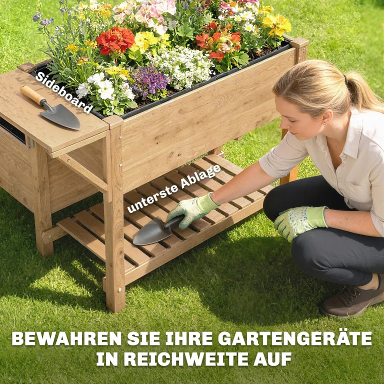 Outsunny Hochbeet 2-stufig erhöhter Pflanzkasten mit Vliesstoff Abflussloch Seitentisch, Holz Gemüsebeet Blumenkasten für Garten Balkon 119,5 x 102 x 76,5 cm Hellbraun – Bild 4