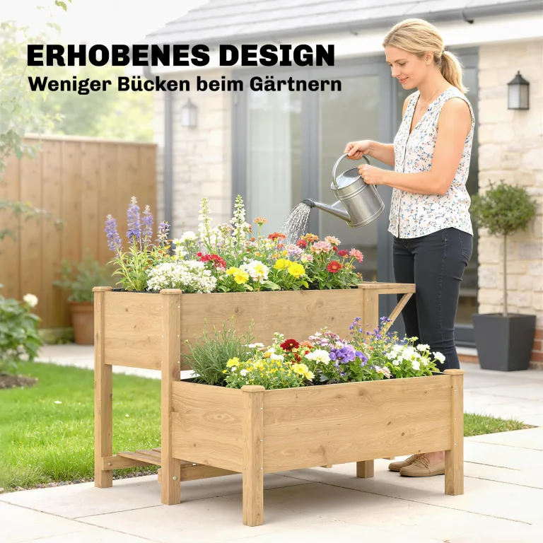 Outsunny Hochbeet 2-stufig erhöhter Pflanzkasten mit Vliesstoff Abflussloch Seitentisch, Holz Gemüsebeet Blumenkasten für Garten Balkon 119,5 x 102 x 76,5 cm Hellbraun – Bild 5