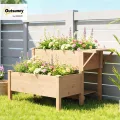 Outsunny Hochbeet 2-stufig erhöhter Pflanzkasten mit Vliesstoff Abflussloch Seitentisch, Holz Gemüsebeet Blumenkasten für Garten Balkon 119,5 x 102 x 76,5 cm Hellbraun - Thumbnail 2