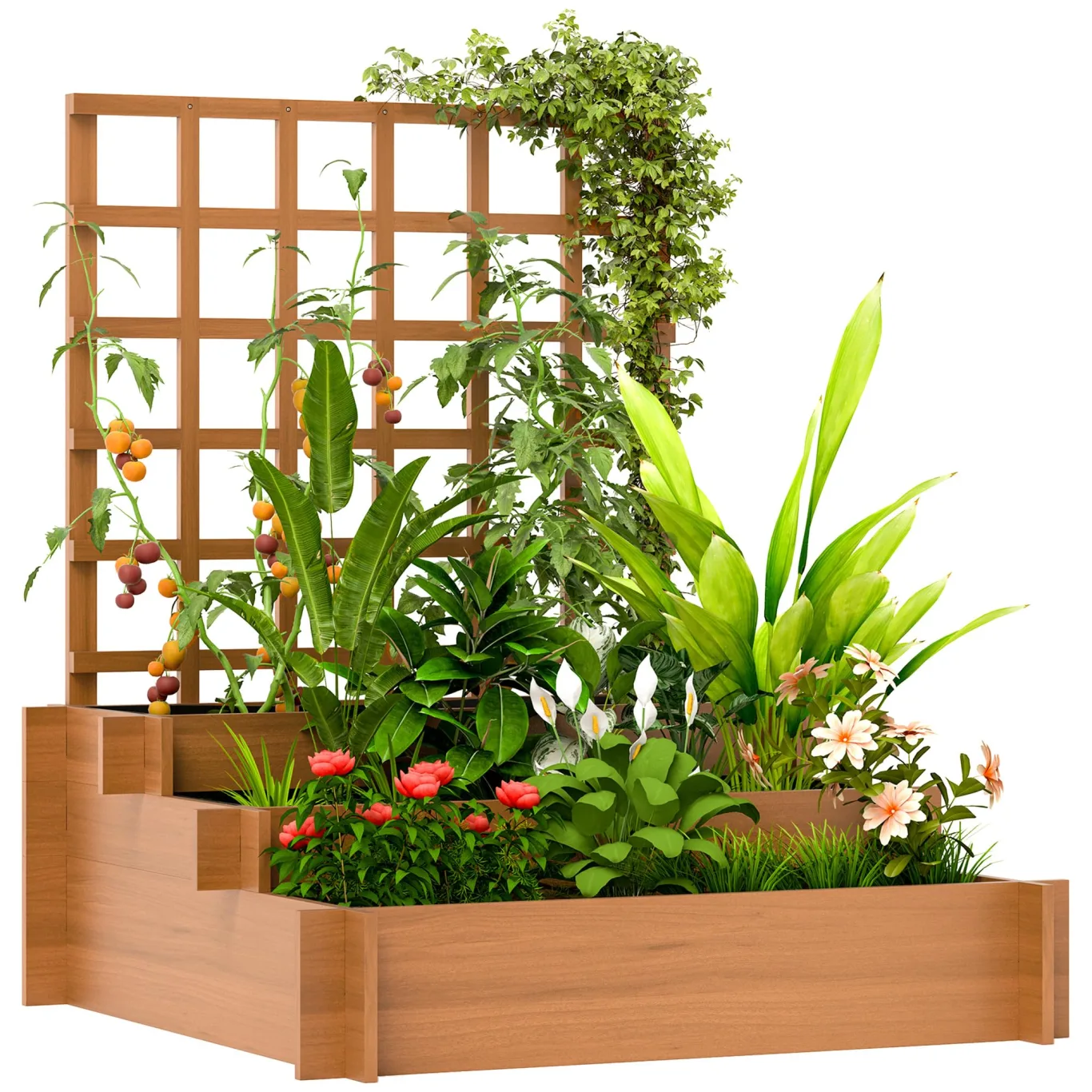 Outsunny Hochbeet mit Rankhilfe, 3-stufig Blumenkasten mit Vliesstoff, Gemüsebeet, Pflanzkasten, Kräuterbeet für Garten, Balkon, Tannenholz, Braun, 95 x 95 x 110 cm - Bild 1