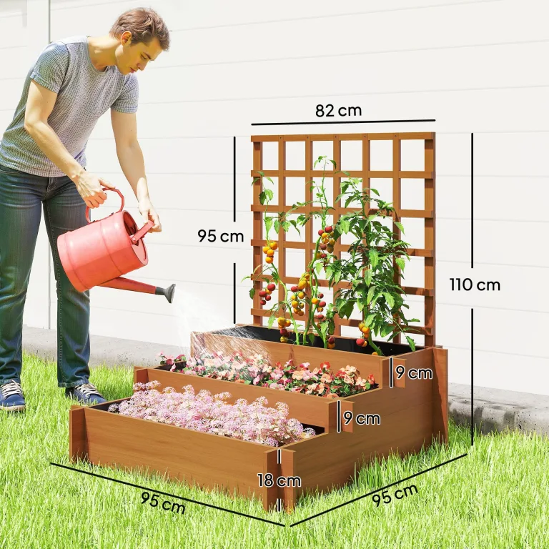 Outsunny Hochbeet mit Rankhilfe, 3-stufig Blumenkasten mit Vliesstoff, Gemüsebeet, Pflanzkasten, Kräuterbeet für Garten, Balkon, Tannenholz, Braun, 95 x 95 x 110 cm – Bild 7