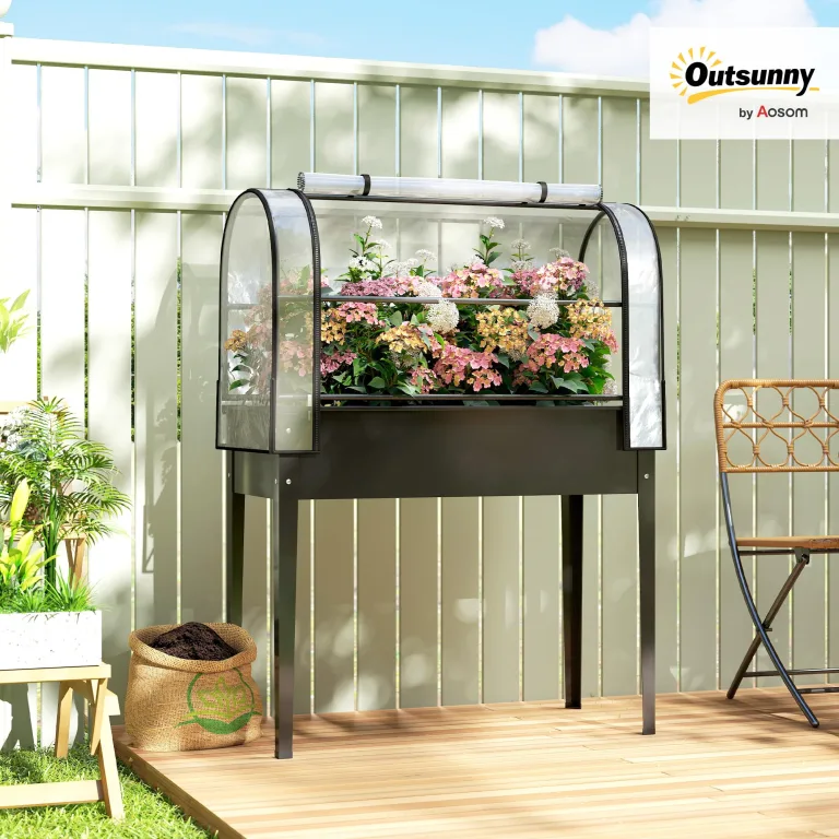Outsunny Hochbeet mit Gewächshaus-Aufsatz erhöhter Pflanzkasten mit aufklappbar Abdeckung Rollbar Reißverschlusstür Abflussloch Metall Gemüsebeet Blumenkasten für Garten Balkon 100x49x136 cm Schwarz – Bild 2