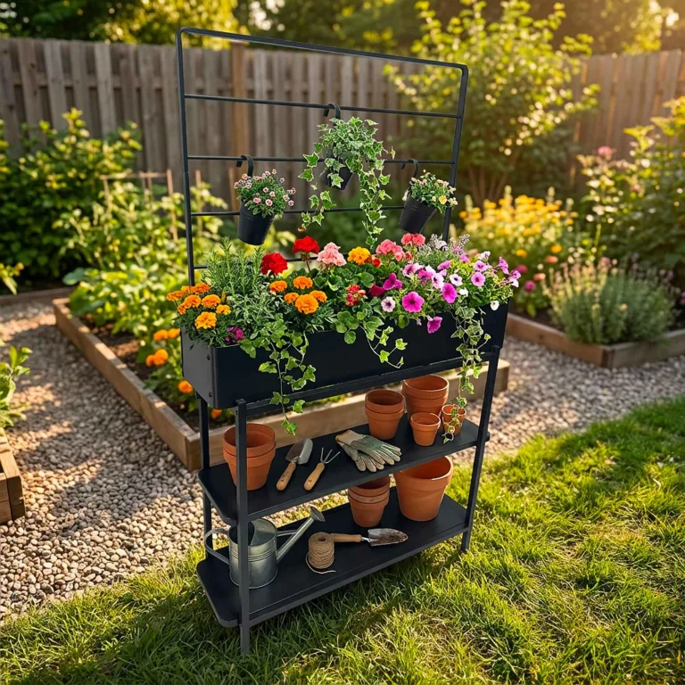 dobar® Metall-Hochbeet mit Rankgitter und 3 Hängetöpfen – Pflanzregal aus pulverbeschichtetem Stahl mit 2 Ablagen – Pflanzkasten für Balkon, Terrasse und Garten – 94 x 30 x 155 cm - Anthrazit – Bild 5