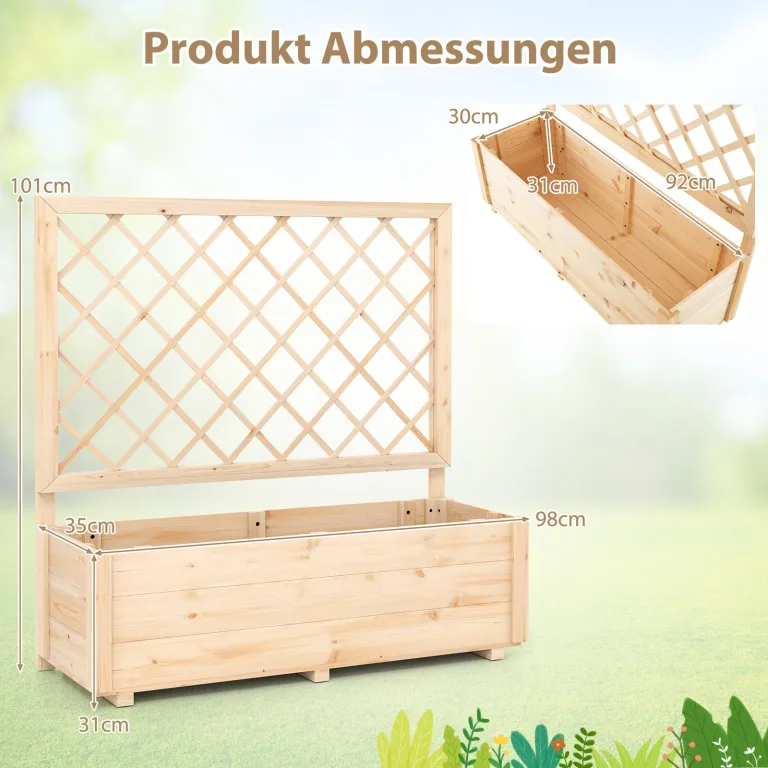 COSTWAY Blumenkasten mit Rankgitter, Hochbeet mit Spalier & Drainagelöchern, Pflanzkübel mit Sichtschutz, Pflanzkasten für Kletterpflanzen, Blumenkübel für Garten Balkon, Holz, Natur, 98 x 35 x 101 cm – Bild 3