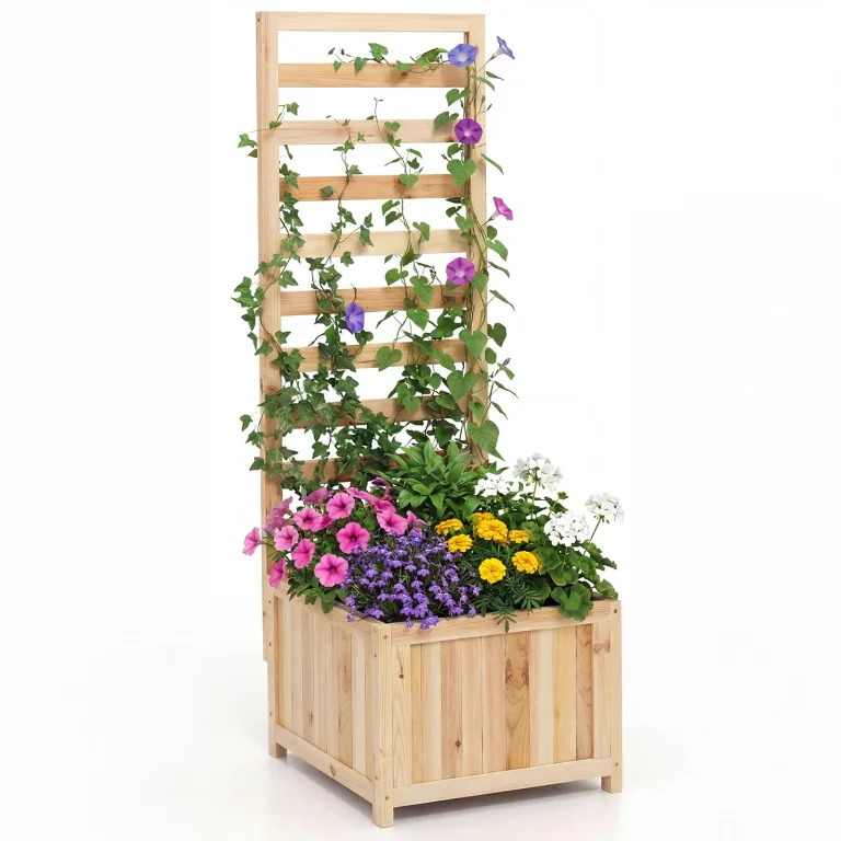 COSTWAY Blumenkasten mit Rankgitter, Hochbeet mit Spalier & Drainagelöchern, Pflanzkübel mit Sichtschutz, Pflanzkasten für Kletterpflanzen, Blumenkübel für Garten Balkon, Holz, Natur, 98 x 35 x 101 cm – Bild 10