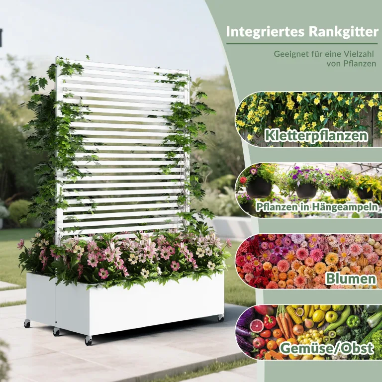 Pflanzkasten aus Metall für den Außenbereich mit Spalier, Hochbeet aus Metall mit Rad, freistehender Sichtschutz-Pflanzkasten für Blumen, Gemüse im Garten, auf der Terrasse, auf dem Balkon – Bild 4