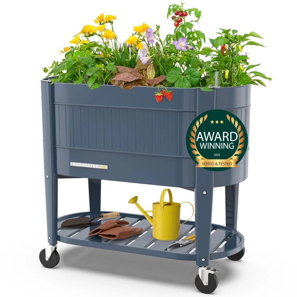 Permasteel Hochbeet Metall mit Rollen für Garten oder Balkon - Pflanzkübel groß außen 101x51x94 cm - Selbstbewässerungssystem, Wasserstandsanzeige und Ablassventil - Für Gemüse, Kräuter oder Blumen