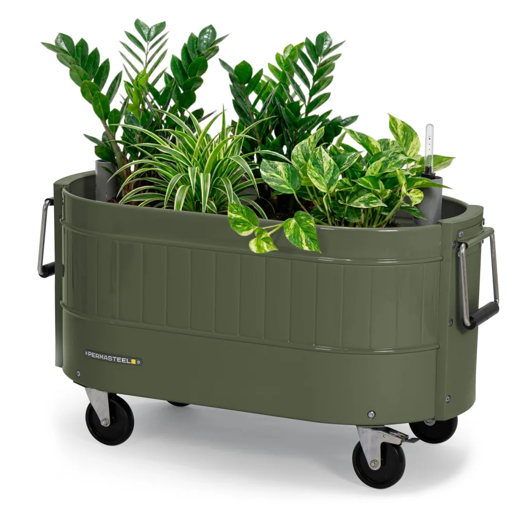 Permasteel Hochbeet Metall mit Rollen für Garten oder Balkon - Pflanzkübel groß außen 57x42x82 cm - Selbstbewässerungssystem, Wasserstandsanzeige und Ablassventil - Für Gemüse, Kräuter oder Blumen