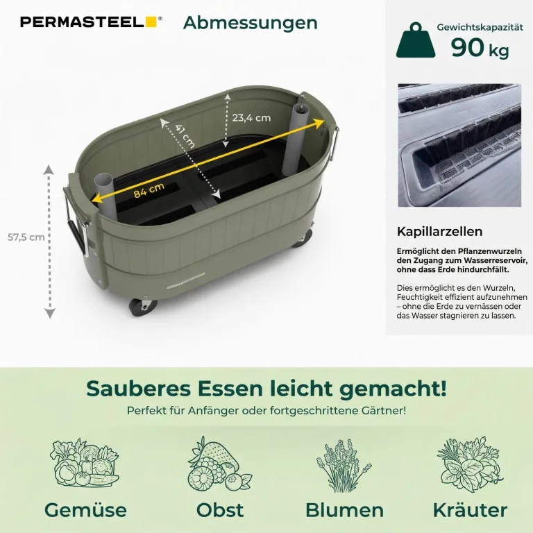 Permasteel Hochbeet Metall mit Rollen für Garten oder Balkon - Pflanzkübel groß außen 57x42x82 cm - Selbstbewässerungssystem, Wasserstandsanzeige und Ablassventil - Für Gemüse, Kräuter oder Blumen – Bild 5