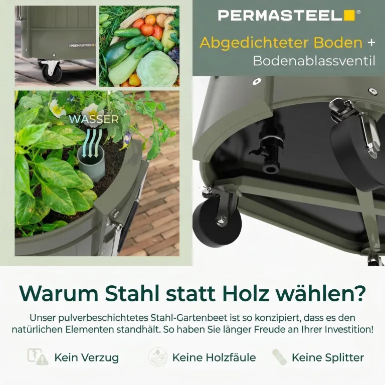 Permasteel Hochbeet Metall mit Rollen für Garten oder Balkon - Pflanzkübel groß außen 57x42x82 cm - Selbstbewässerungssystem, Wasserstandsanzeige und Ablassventil - Für Gemüse, Kräuter oder Blumen – Bild 7