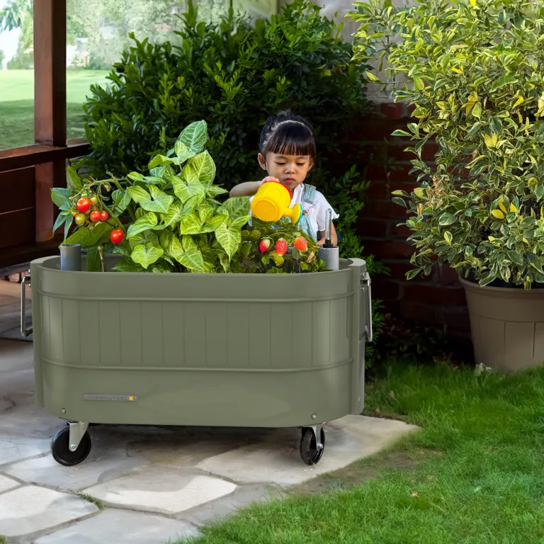 Permasteel Hochbeet Metall mit Rollen für Garten oder Balkon - Pflanzkübel groß außen 57x42x82 cm - Selbstbewässerungssystem, Wasserstandsanzeige und Ablassventil - Für Gemüse, Kräuter oder Blumen – Bild 9