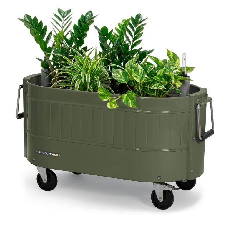 Permasteel Hochbeet Metall mit Rollen für Garten oder Balkon - Pflanzkübel groß außen 57x42x82 cm - Selbstbewässerungssystem, Wasserstandsanzeige und Ablassventil - Für Gemüse, Kräuter oder Blumen – Bild 1