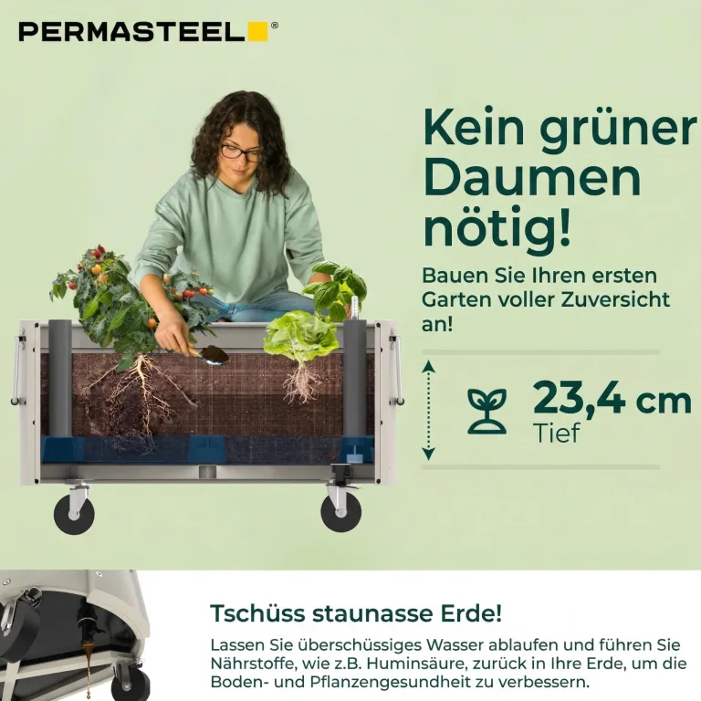 Permasteel Hochbeet Metall mit Rollen für Garten oder Balkon - Pflanzkübel groß außen 57x42x82 cm - Selbstbewässerungssystem, Wasserstandsanzeige und Ablassventil - Für Gemüse, Kräuter oder Blumen – Bild 3