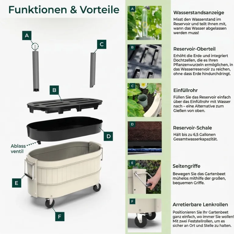 Permasteel Hochbeet Metall mit Rollen für Garten oder Balkon - Pflanzkübel groß außen 57x42x82 cm - Selbstbewässerungssystem, Wasserstandsanzeige und Ablassventil - Für Gemüse, Kräuter oder Blumen – Bild 8