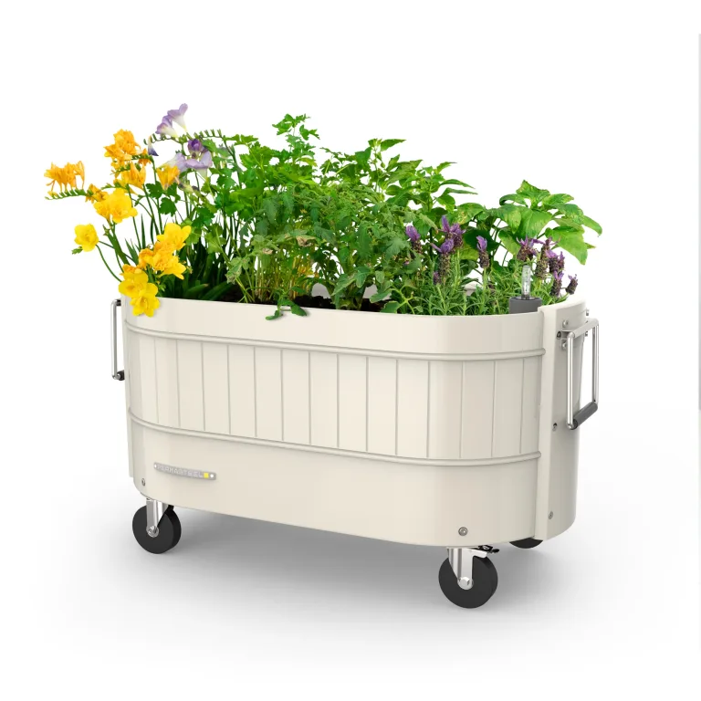 Permasteel Hochbeet Metall mit Rollen für Garten oder Balkon - Pflanzkübel groß außen 57x42x82 cm - Selbstbewässerungssystem, Wasserstandsanzeige und Ablassventil - Für Gemüse, Kräuter oder Blumen – Bild 1