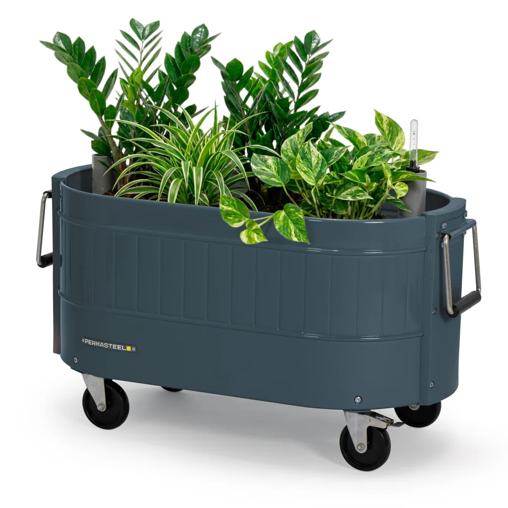 Permasteel Hochbeet Metall mit Rollen für Garten oder Balkon - Pflanzkübel groß außen 57x42x82 cm - Selbstbewässerungssystem, Wasserstandsanzeige und Ablassventil - Für Gemüse, Kräuter oder Blumen