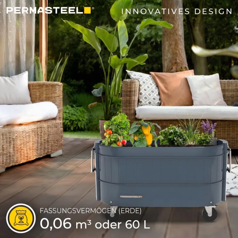 Permasteel Hochbeet Metall mit Rollen für Garten oder Balkon - Pflanzkübel groß außen 57x42x82 cm - Selbstbewässerungssystem, Wasserstandsanzeige und Ablassventil - Für Gemüse, Kräuter oder Blumen – Bild 2