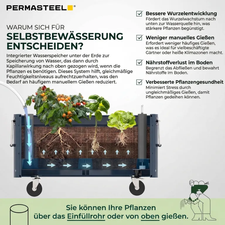 Permasteel Hochbeet Metall mit Rollen für Garten oder Balkon - Pflanzkübel groß außen 57x42x82 cm - Selbstbewässerungssystem, Wasserstandsanzeige und Ablassventil - Für Gemüse, Kräuter oder Blumen – Bild 6