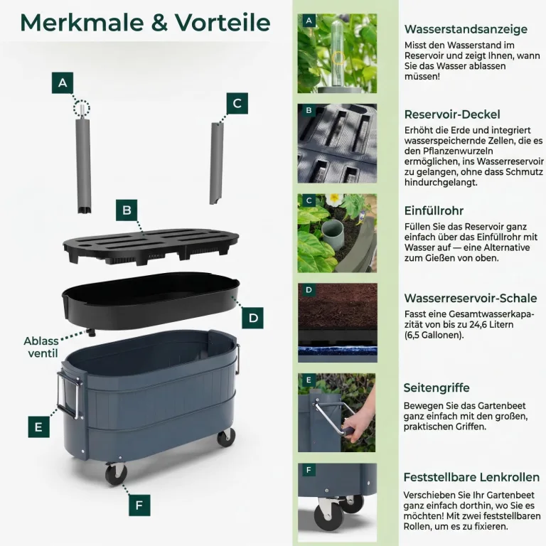 Permasteel Hochbeet Metall mit Rollen für Garten oder Balkon - Pflanzkübel groß außen 57x42x82 cm - Selbstbewässerungssystem, Wasserstandsanzeige und Ablassventil - Für Gemüse, Kräuter oder Blumen – Bild 8