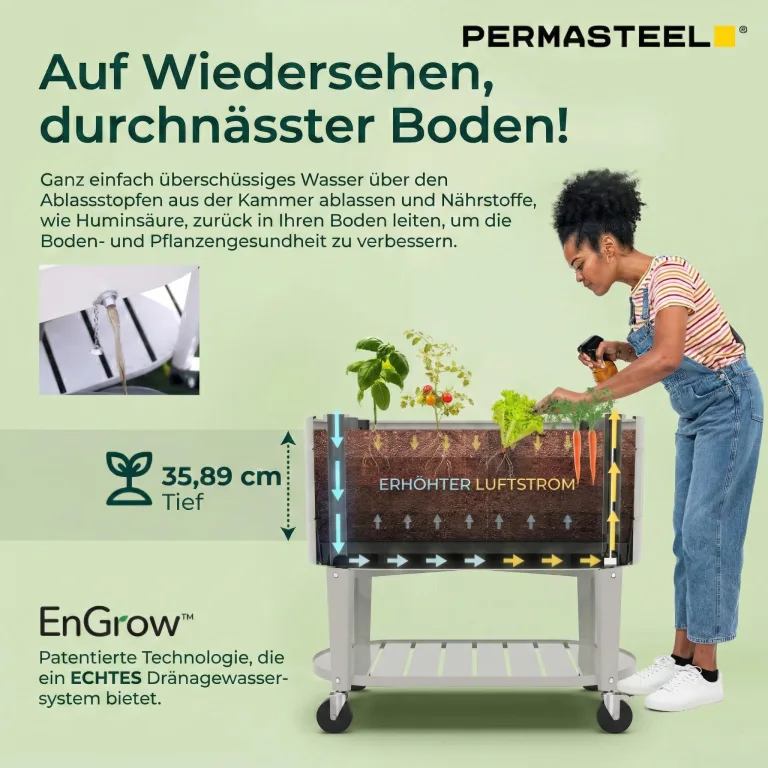 Permasteel Hochbeet Metall mit Rollen für Garten oder Balkon - Pflanzkübel groß außen 101x51x94 cm - Selbstbewässerungssystem, Wasserstandsanzeige und Ablassventil - Für Gemüse, Kräuter oder Blumen – Bild 5